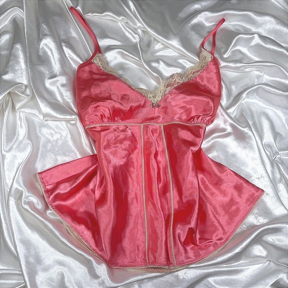 y2k Camisole Pink Excellent Midnight Magic Satin Lace Trim Babydoll Top 1-2X